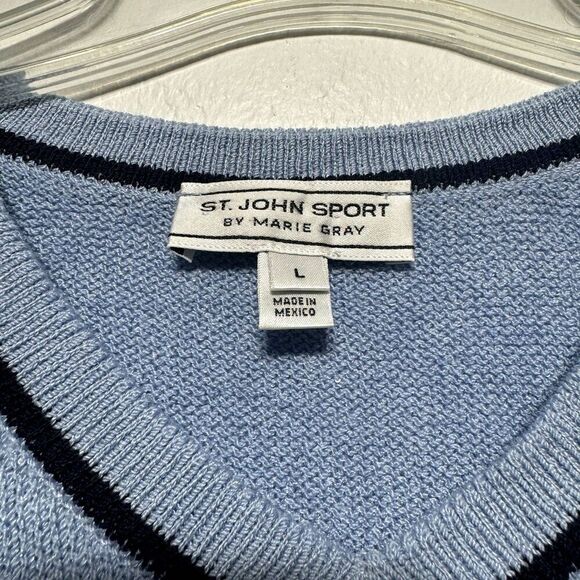 St. John Sport Sweater Wool Blend Light Blue V-Neck Tight Knit Womens sz Large - Picture 6 of 12